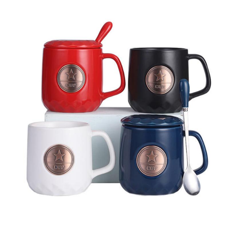 スターメタルバッジ 400ml セラミックコーヒーマグ 蓋とスプーン付き
